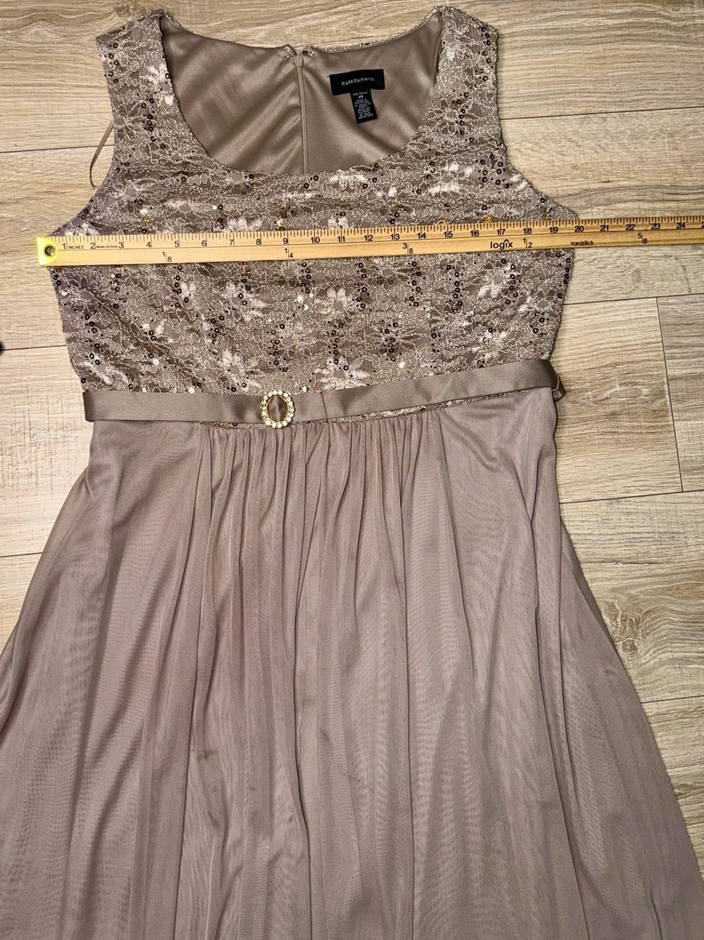 👗 R&M Richards Taupe Beaded Lace Chiffon Evening Gown – Size 14 - Picture 7 of 10